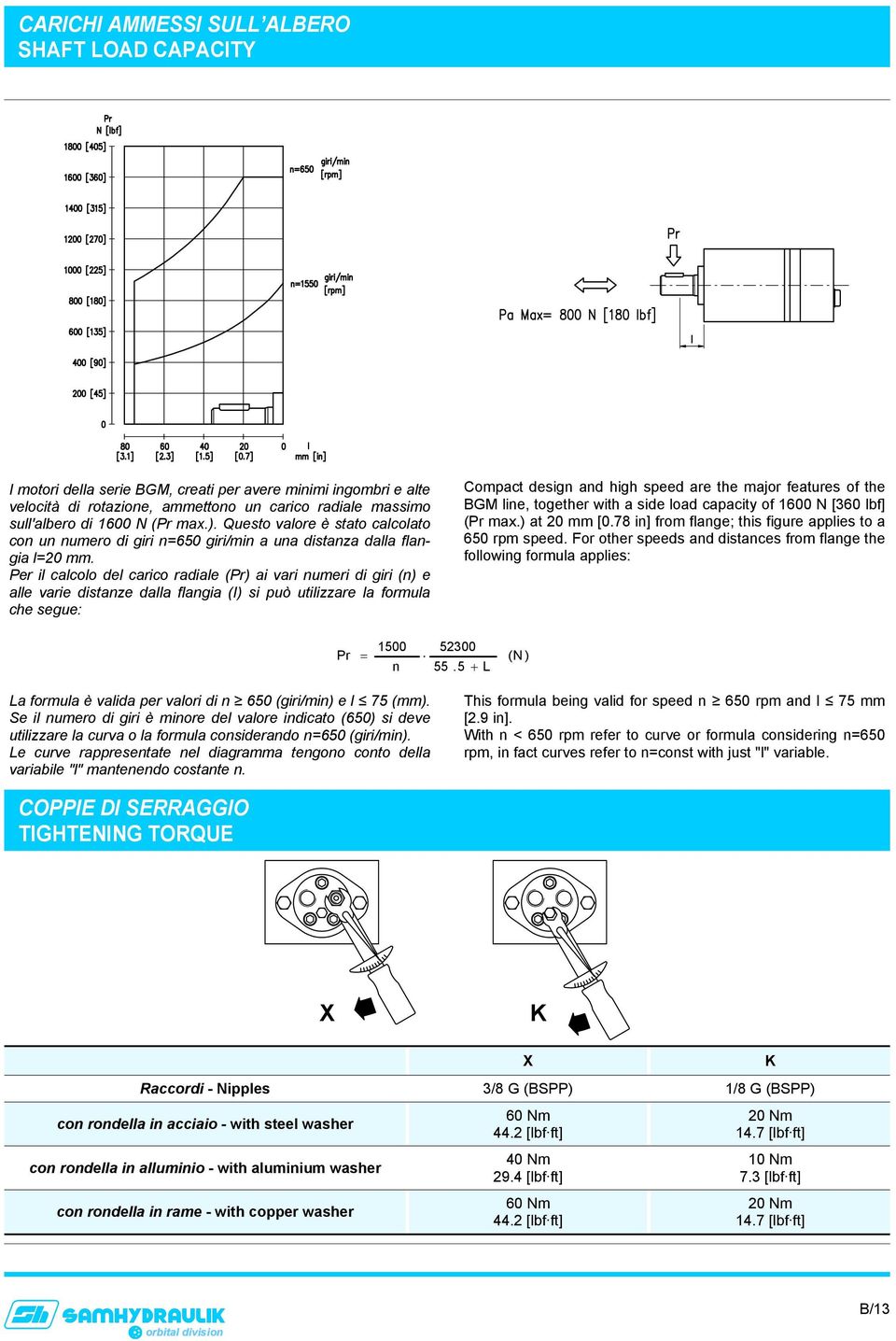 Per il calcolo del carico radiale (Pr) ai vari numeri di giri (n) e alle varie distanze dalla flangia (I) si può utilizzare la formula che segue: Compact design and high speed are the major features