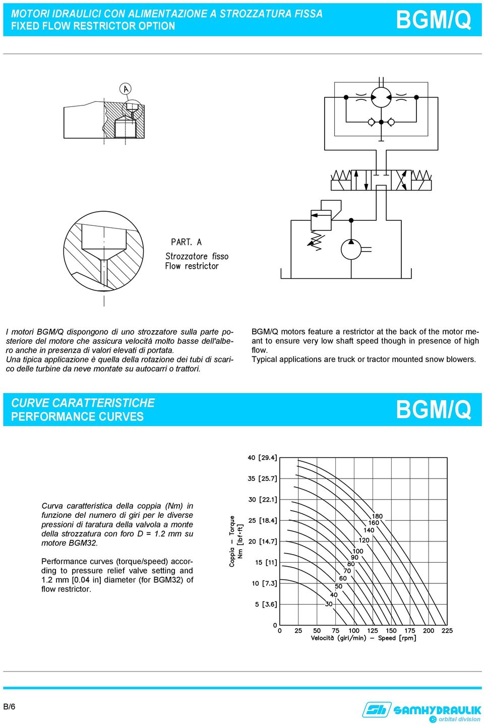 BGM/Q motors feature a restrictor at the back of the motor meant to ensure very low shaft speed though in presence of high flow. Typical applications are truck or tractor mounted snow blowers.