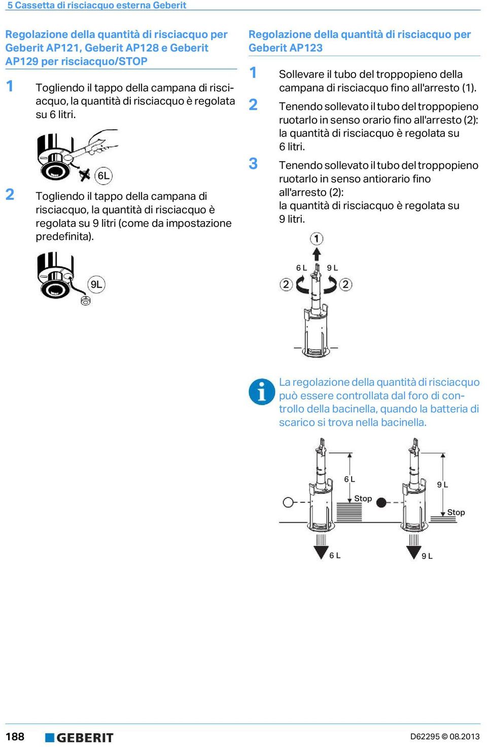 Regolazione della quantità di risciacquo per Geberit AP23 Sollevare il tubo del troppopieno della campana di risciacquo fino all'arresto ().