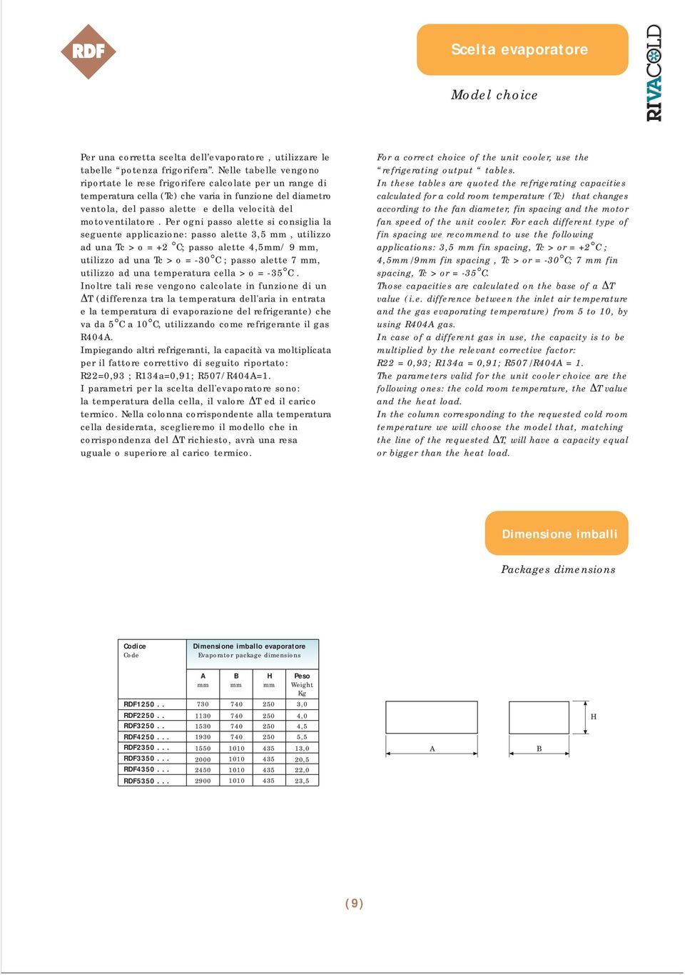 Per ogni passo alette si consiglia la seguente applicazione: passo alette 3,5 mm, utilizzo ad una > o = +2 C; passo alette 4,5mm/ 9 mm, utilizzo ad una > o = ; passo alette 7 mm, utilizzo ad una