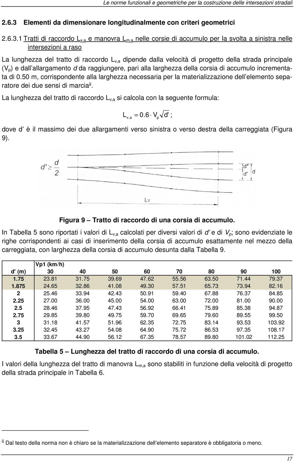 1 Tratti di raccordo L v,a e manovra L m,a nelle corsie di accumulo per la svolta a sinistra nelle intersezioni a raso La lunghezza del tratto di raccordo L v,a dipende dalla velocità di progetto