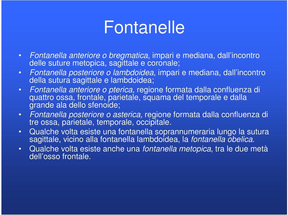 grande ala dello sfenoide; Fontanella posteriore o asterica, regione formata dalla confluenza di tre ossa, parietale, temporale, occipitale.