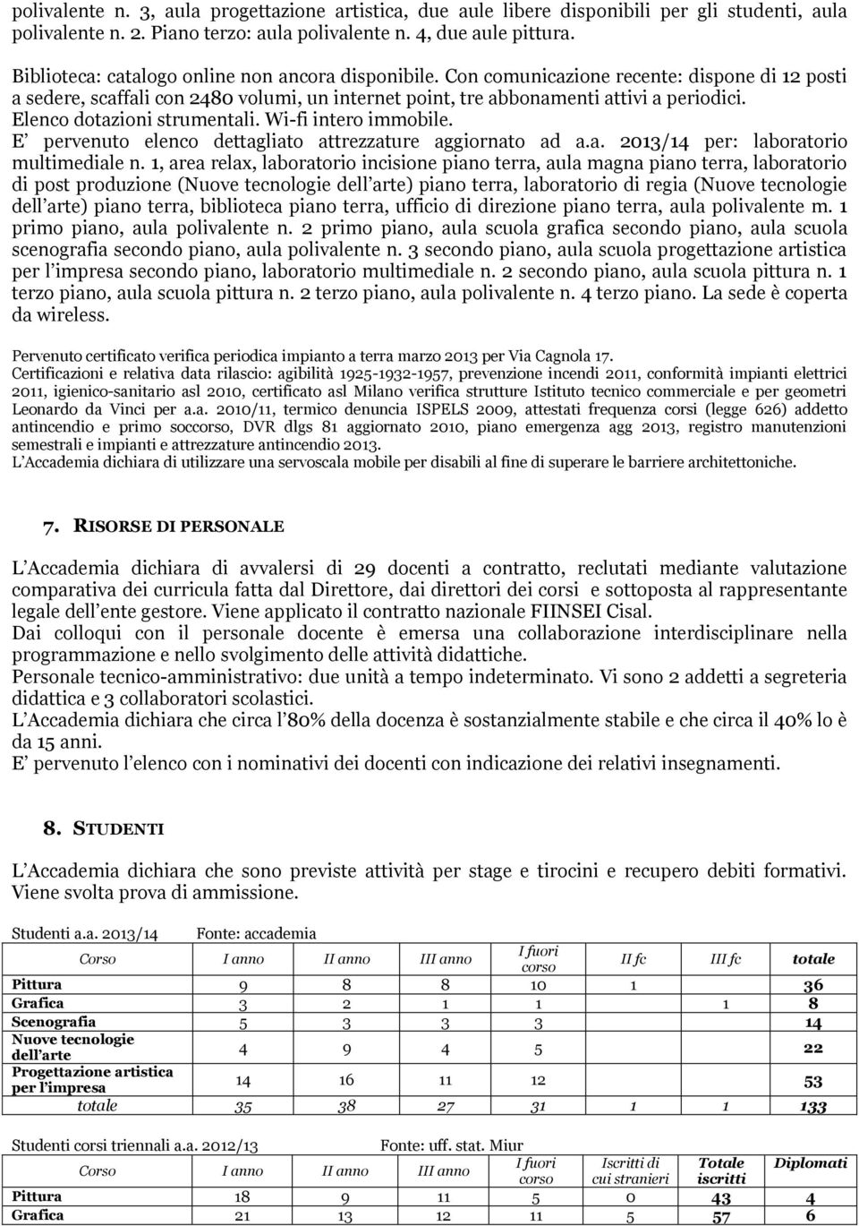 Elenco dotazioni strumentali. Wi-fi intero immobile. E pervenuto elenco dettagliato attrezzature aggiornato ad a.a. 2013/14 per: laboratorio multimediale n.