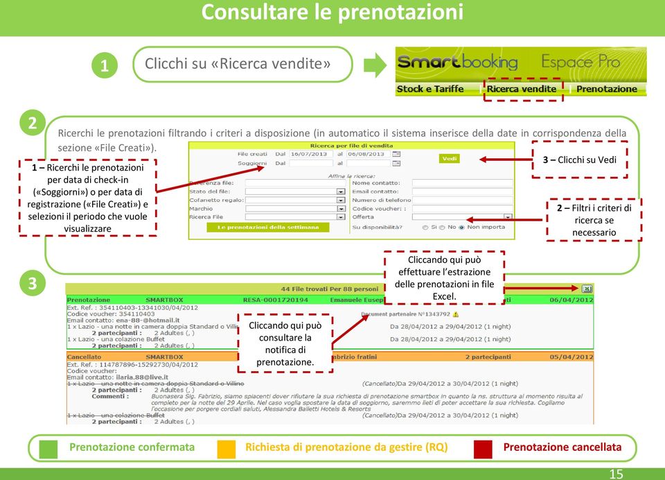 3 Clicchi su Vedi Ricerchi le prenotazioni per data di check-in («Soggiorni») o per data di registrazione («File Creati») e selezioni il periodo che vuole