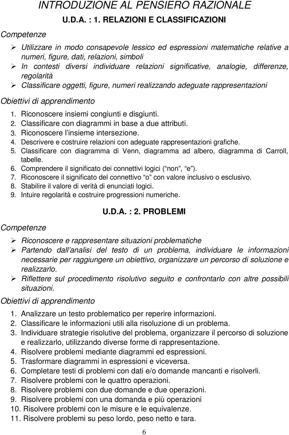 significative, analogie, differenze, regolarità Classificare oggetti, figure, numeri realizzando adeguate rappresentazioni 1. Riconoscere insiemi congiunti e disgiunti. 2.