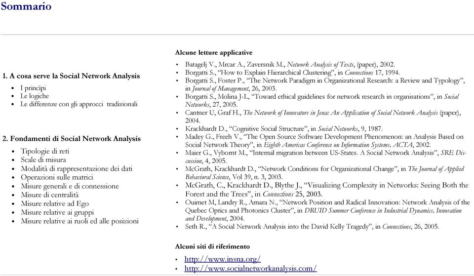 relative ad Ego Misure relative ai gruppi Misure relative ai ruoli ed alle posizioni Alcune letture applicative Batagelj V., Mrcar A., Zaversnik M., Network Analysis of Texts, (paper), 2002.