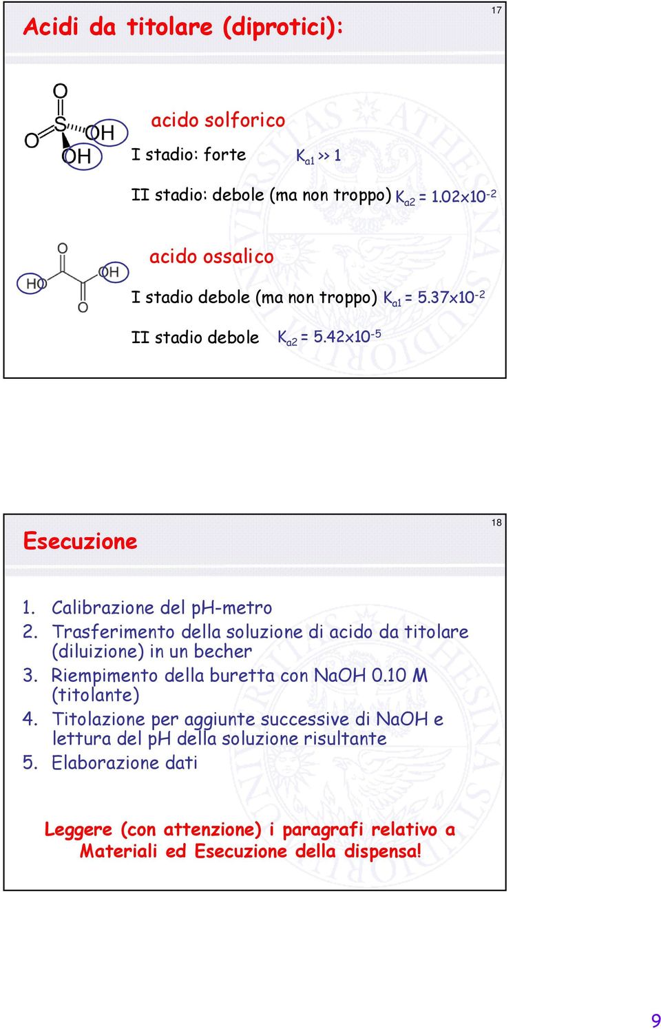 Trasferimento della soluzione di acido da titolare (diluizione) in un becher 3. Riempimento della buretta con NaOH 0.10 M (titolante) 4.