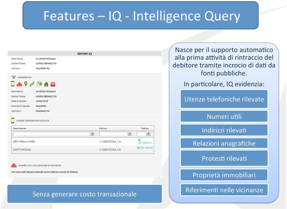 In par?colare, IQ evidenzia: Utenze telefoniche rilevate Numeri u?li Indirizzi rileva?