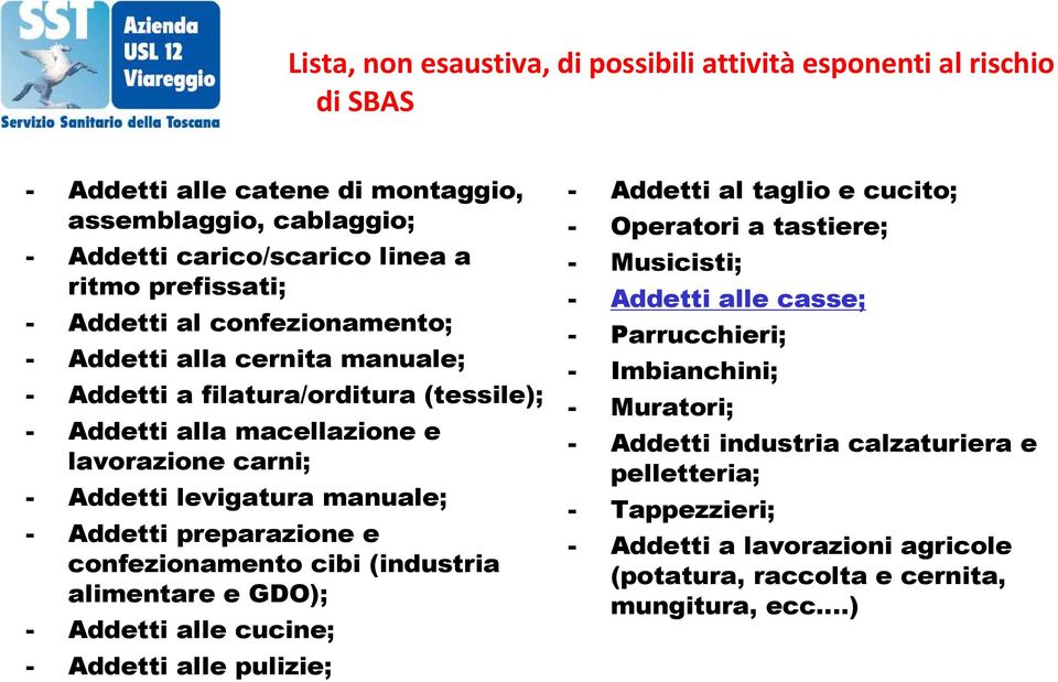 preparazione e confezionamento cibi (industria alimentare e GDO); - Addetti alle cucine; - Addetti alle pulizie; - Addetti al taglio e cucito; - Operatori a tastiere; - Musicisti; - Addetti