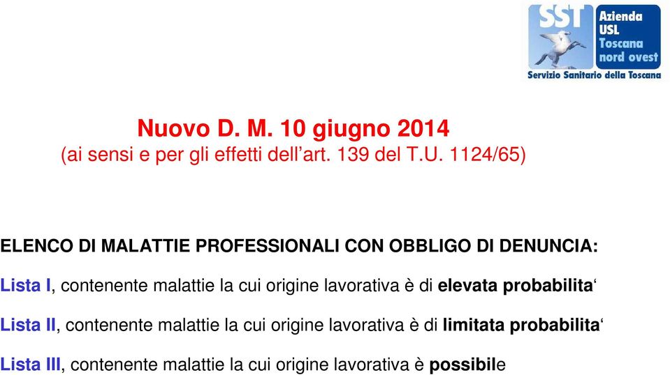 lavorativa è di elevata probabilita Lista II, contenente malattie la cui origine lavorativa è di limitata probabilita