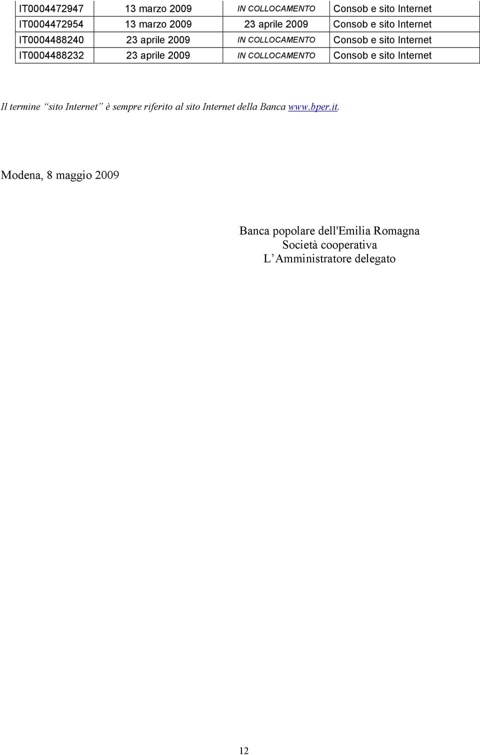 2009 IN COLLOCAMENTO Consob e sito Internet Il termine sito Internet è sempre riferito al sito Internet della