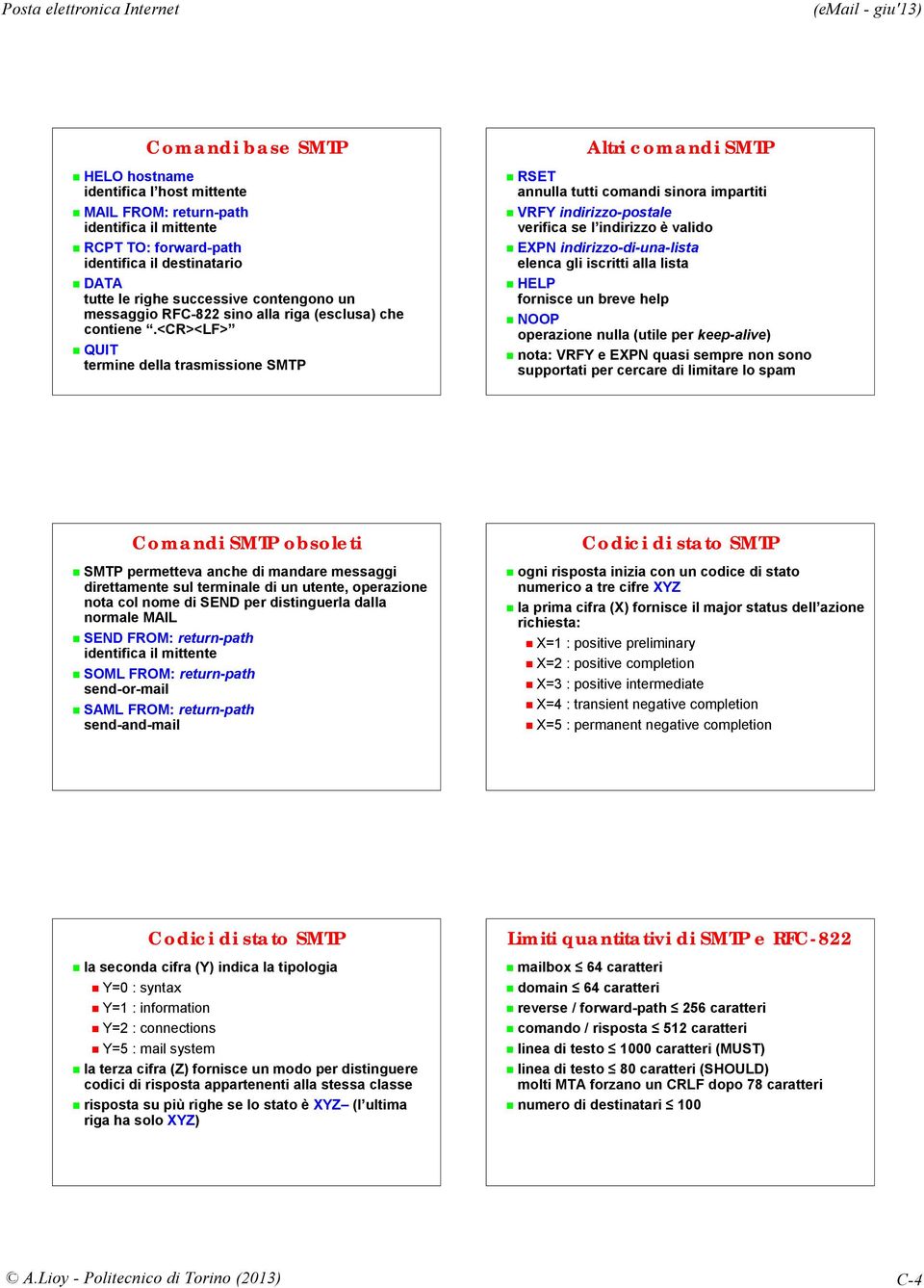 indirizzo è valido EXPN indirizzo-di-una-lista elenca gli iscritti alla lista HELP fornisce un breve help NOOP operazione nulla (utile per keep-alive) nota: VRFY e EXPN quasi sempre non sono