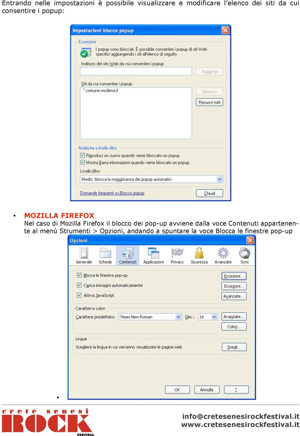 Firefox il blocco dei pop-up avviene dalla voce Contenuti appartenente al