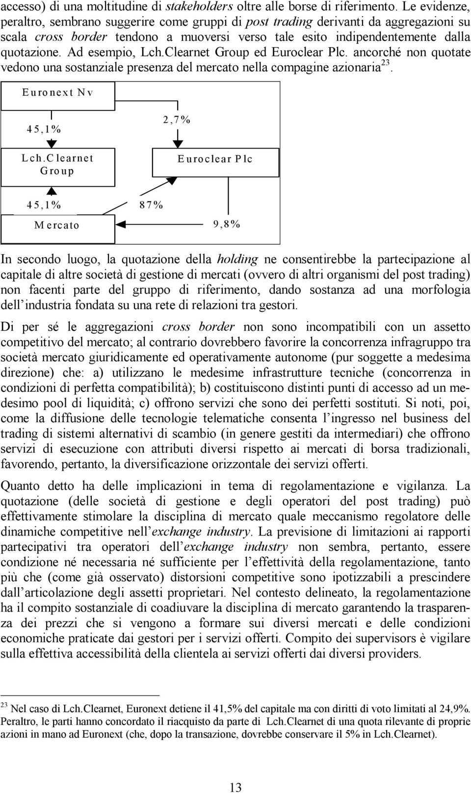 Ad esempio, Lch.Clearnet Group ed Euroclear Plc. ancorché non quotate vedono una sostanziale presenza del mercato nella compagine azionaria 23. Euronext Nv 45,1% 2,7% Lch.