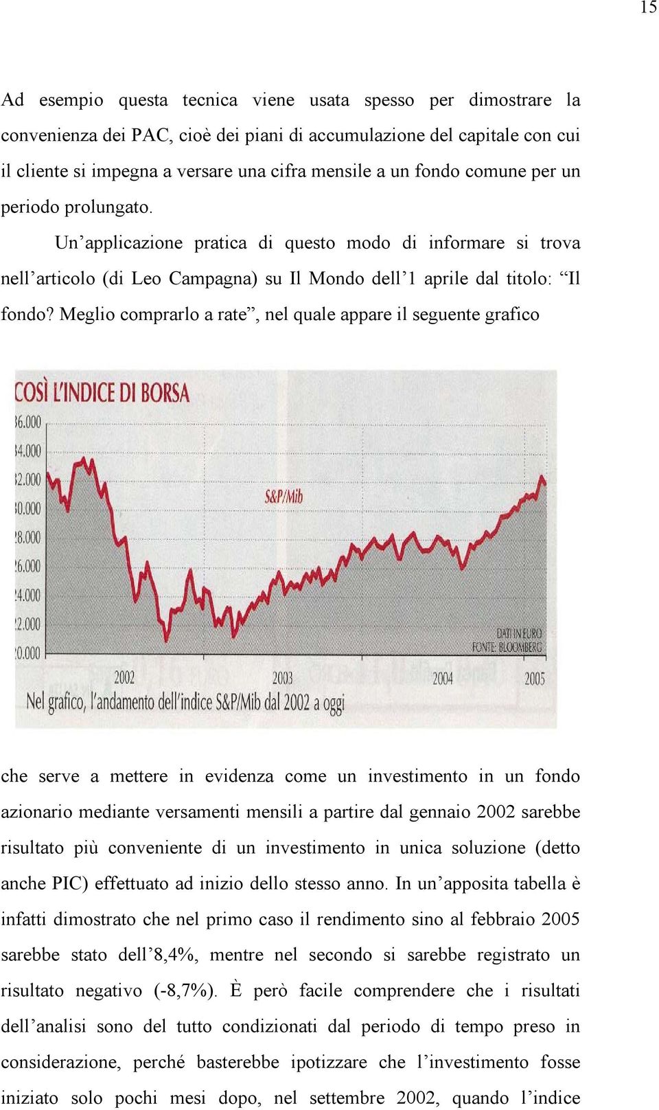 Meglio comprarlo a rate, nel quale appare il seguente grafico che serve a mettere in evidenza come un investimento in un fondo azionario mediante versamenti mensili a partire dal gennaio 2002 sarebbe