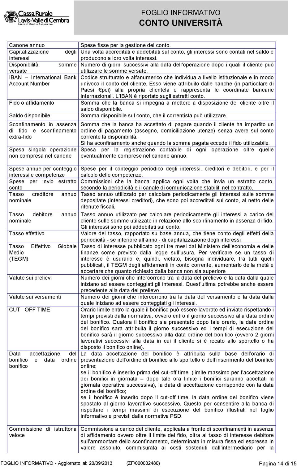 nominale Tasso effettivo Tasso Effettivo Globale Medio (TEGM) Valute sui prelievi Valute sui versamenti CUT OFF TIME Data accettazione del bonifico e data ordine bonifico Spese fisse per la gestione