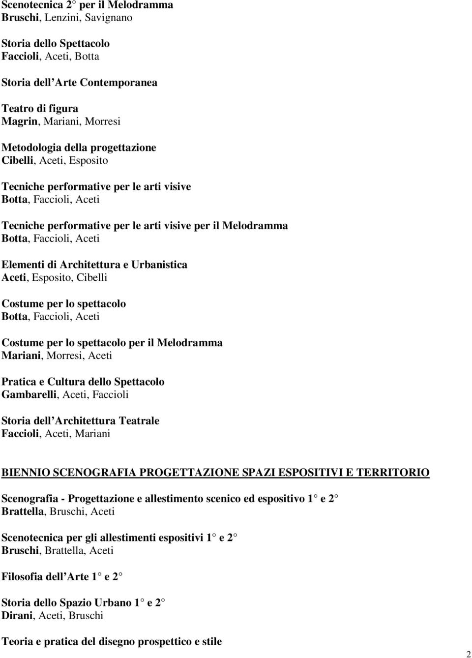 Architettura e Urbanistica Aceti, Esposito, Cibelli Costume per lo spettacolo Botta, Faccioli, Aceti Costume per lo spettacolo per il Melodramma Mariani, Morresi, Aceti Pratica e Cultura dello