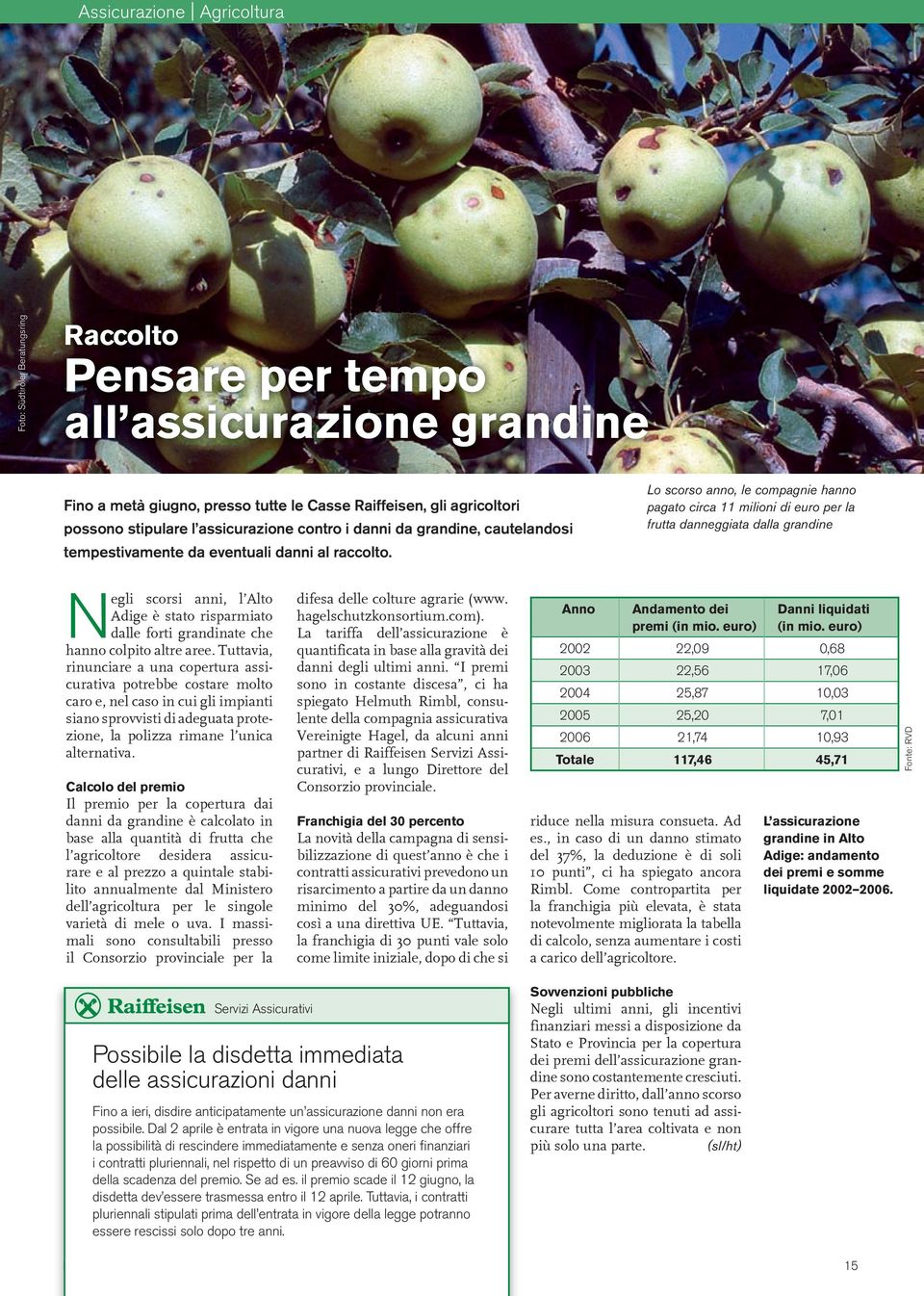 Lo scorso anno, le compagnie hanno pagato circa 11 milioni di euro per la frutta danneggiata dalla grandine Negli scorsi anni, l Alto Adige è stato risparmiato dalle forti grandinate che hanno