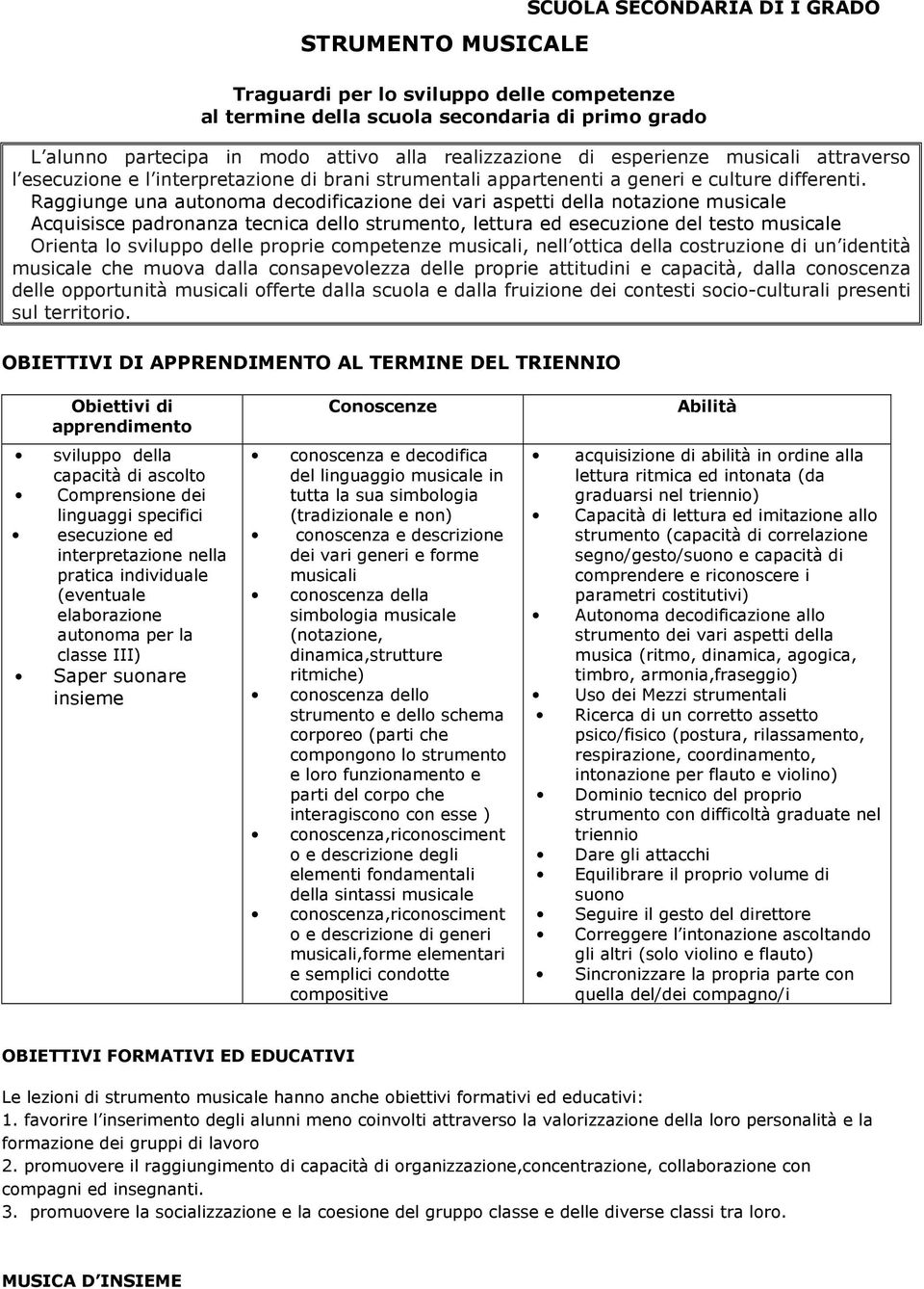 Raggiunge una autonoma decodificazione dei vari aspetti della notazione musicale Acquisisce padronanza tecnica dello strumento, lettura ed esecuzione del testo musicale Orienta lo sviluppo delle