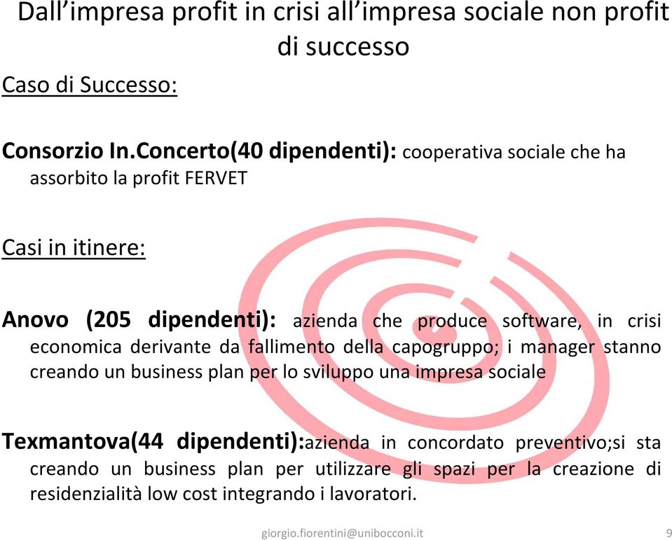 software, in crisi economica derivante da fallimento della capogruppo; i manager stanno creando un business plan per lo sviluppo una impresa