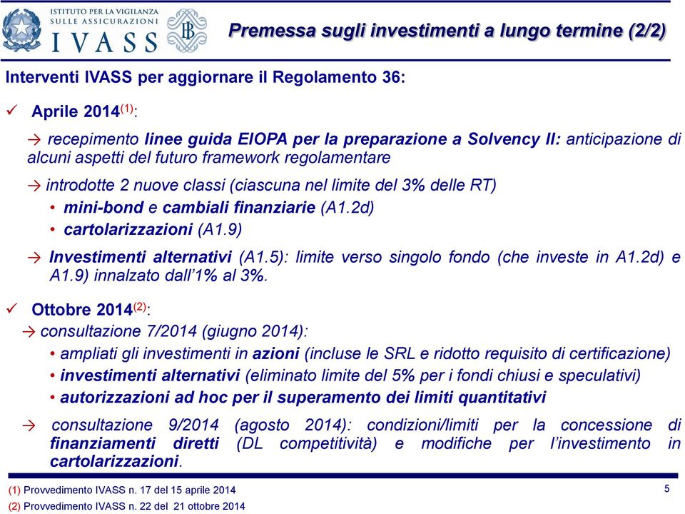 9) Investimenti alternativi (A1.5): limite verso singolo fondo (che investe in A1.2d) e A1.9) innalzato dall 1% al 3%.