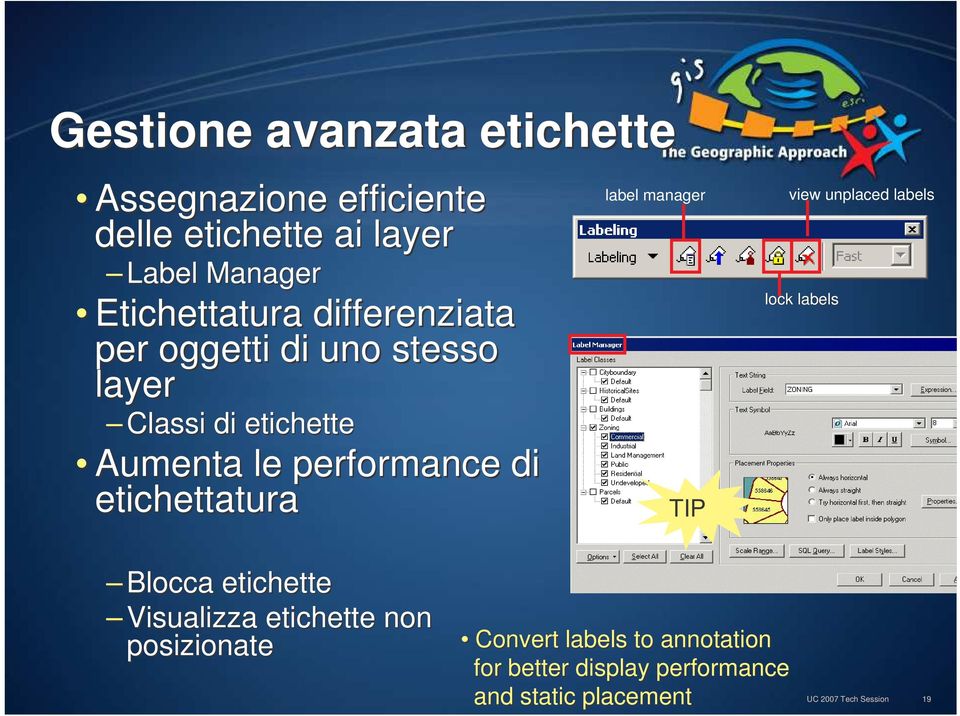 etichettatura label manager TIP view unplaced labels lock labels Blocca etichette Visualizza etichette