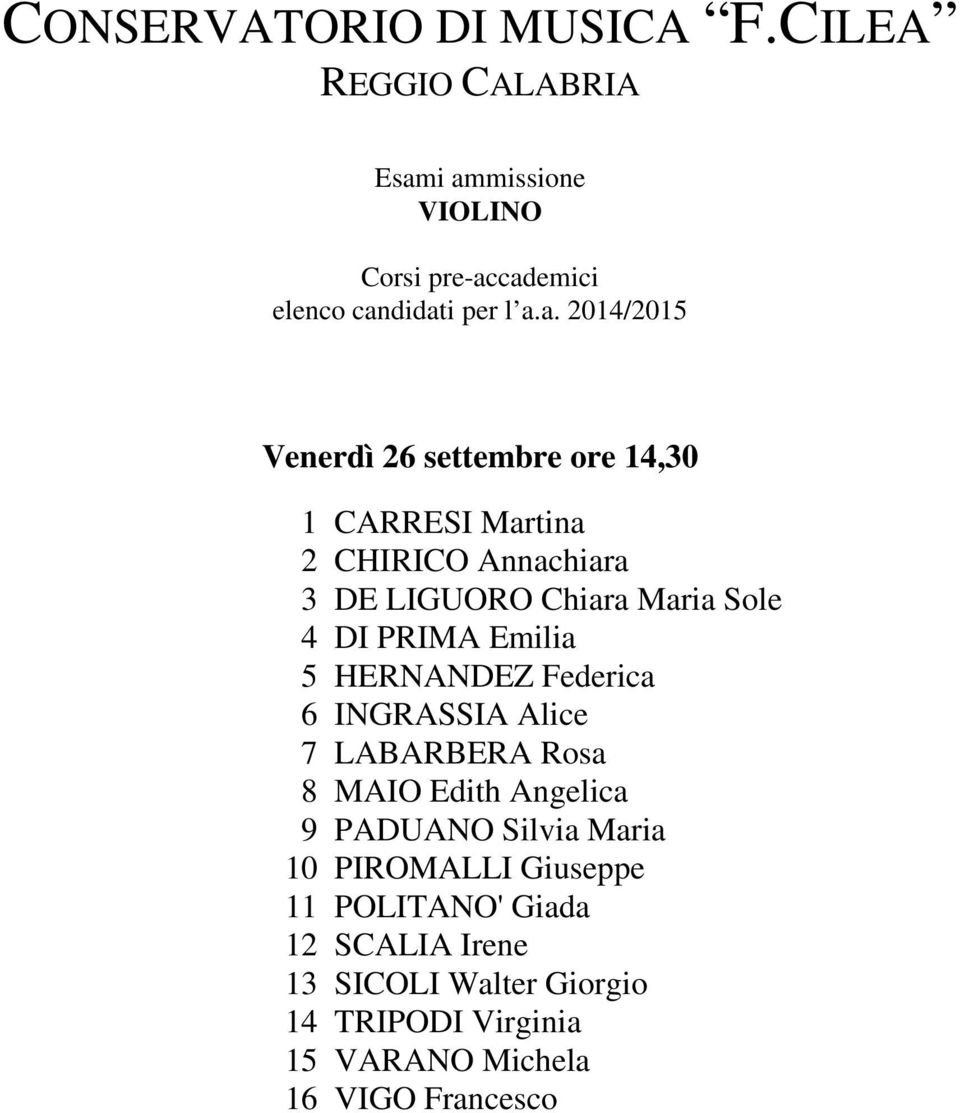 8 MAIO Edith Angelica 9 PADUANO Silvia Maria 10 PIROMALLI Giuseppe 11 POLITANO' Giada 12