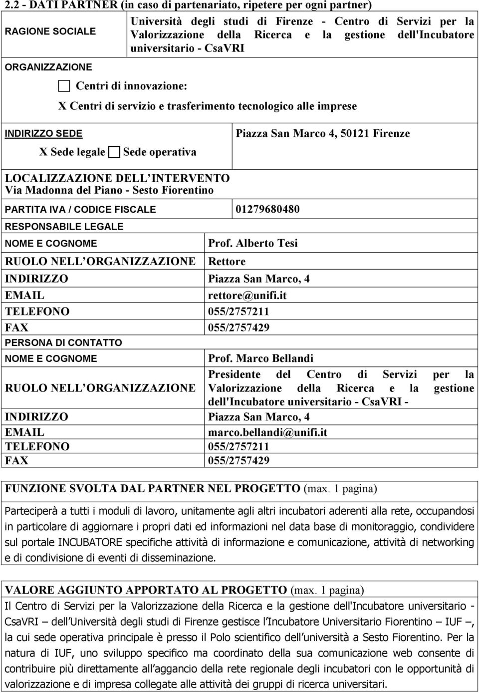 4, 50121 Firenze LOCALIZZAZIONE DELL INTERVENTO Via Madonna del Piano - Sesto Fiorentino PARTITA IVA / CODICE FISCALE 01279680480 RESPONSABILE LEGALE RUOLO NELL ORGANIZZAZIONE Prof.