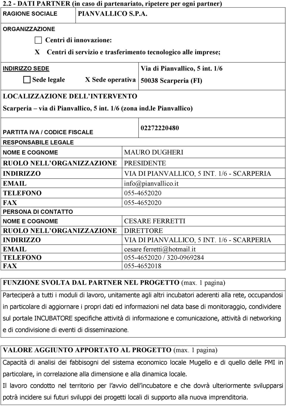 le Pianvallico) PARTITA IVA / CODICE FISCALE RESPONSABILE LEGALE RUOLO NELL ORGANIZZAZIONE 02272220480 MAURO DUGHERI PRESIDENTE INDIRIZZO VIA DI PIANVALLICO, 5 INT. 1/6 - SCARPERIA info@pianvallico.