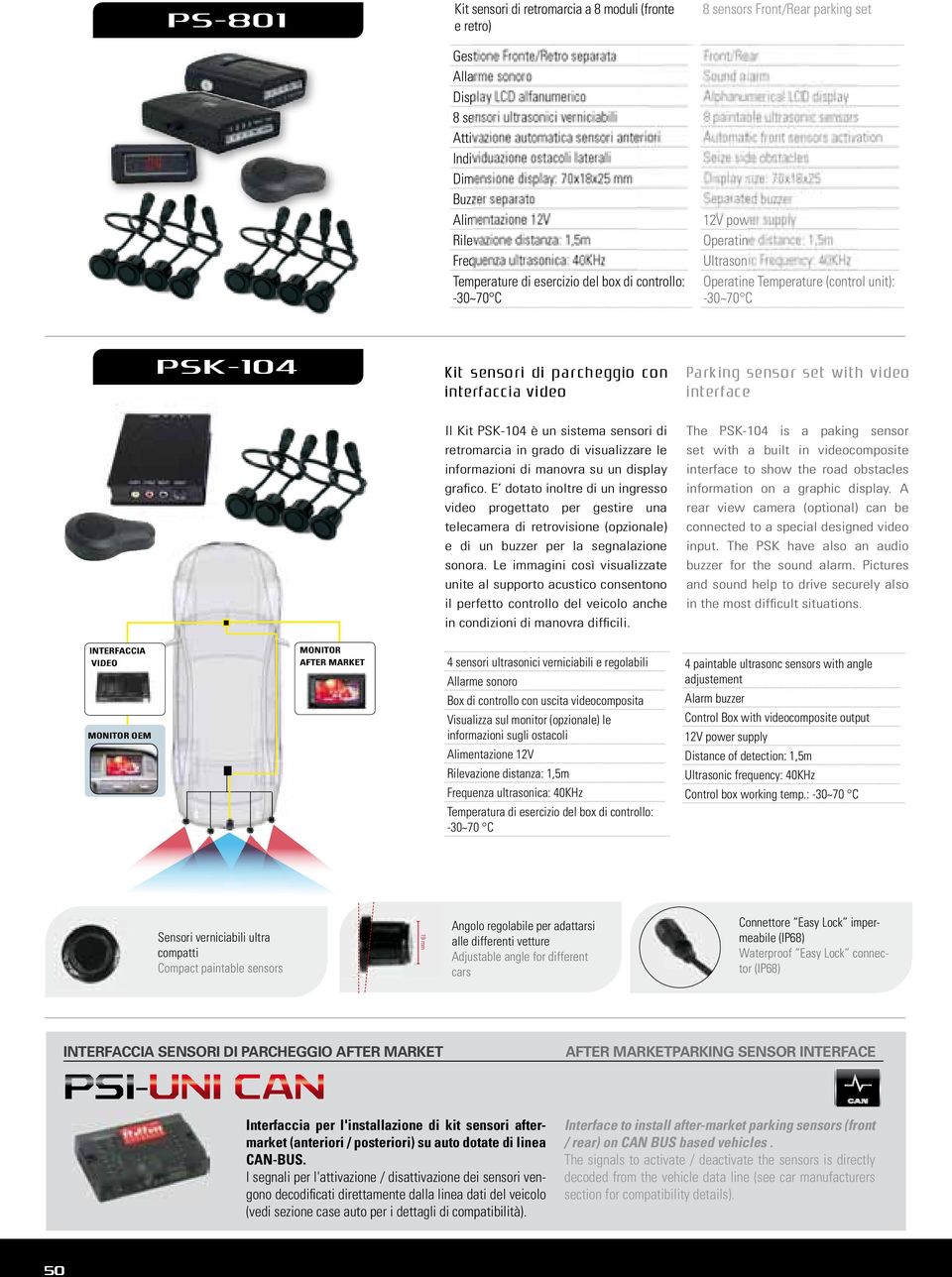 PSK-104 Kit senso ri di p a r ch eggio co n interfaccia video Pa rking senso r set with video interface Il Kit PSK-104 è un sistema sensori di retromarcia in grado di visualizzare le informazioni di