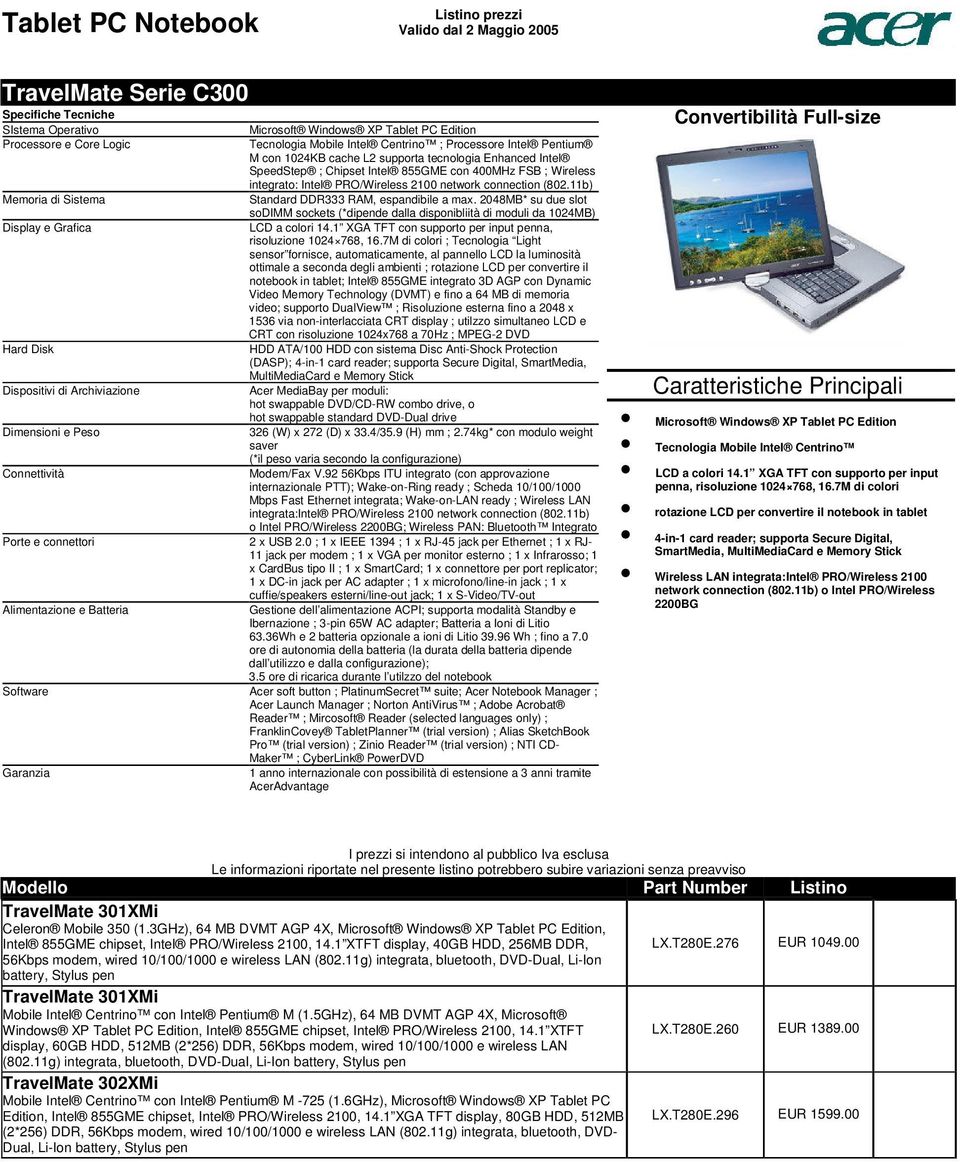 espandibile a max 2048MB* su due slot sodimm sockets (*dipende dalla disponibliità di moduli da 1024MB) e LCD a colori 141 XGA TFT con supporto per input penna, risoluzione 1024 768, 167M di colori ;