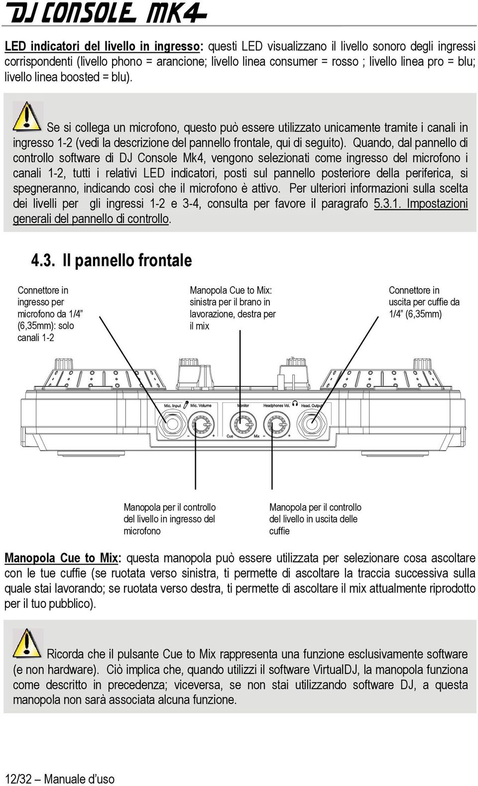 Quando, dal pannello di controllo software di DJ Console Mk4, vengono selezionati come ingresso del microfono i canali 1-2, tutti i relativi LED indicatori, posti sul pannello posteriore della