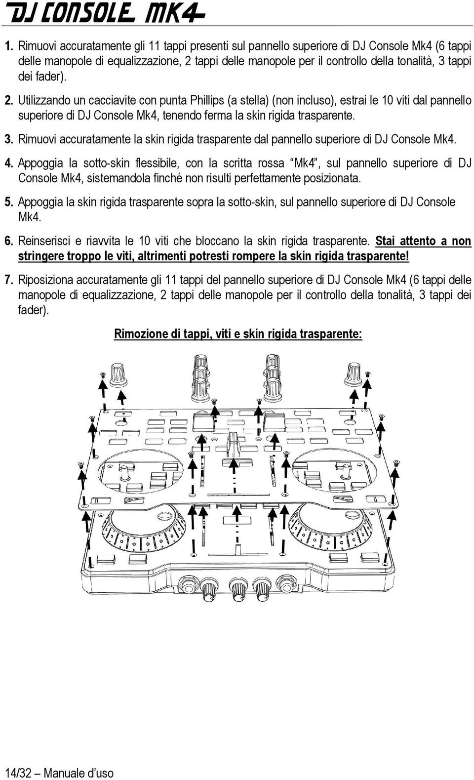 Rimuovi accuratamente la skin rigida trasparente dal pannello superiore di DJ Console Mk4. 4.