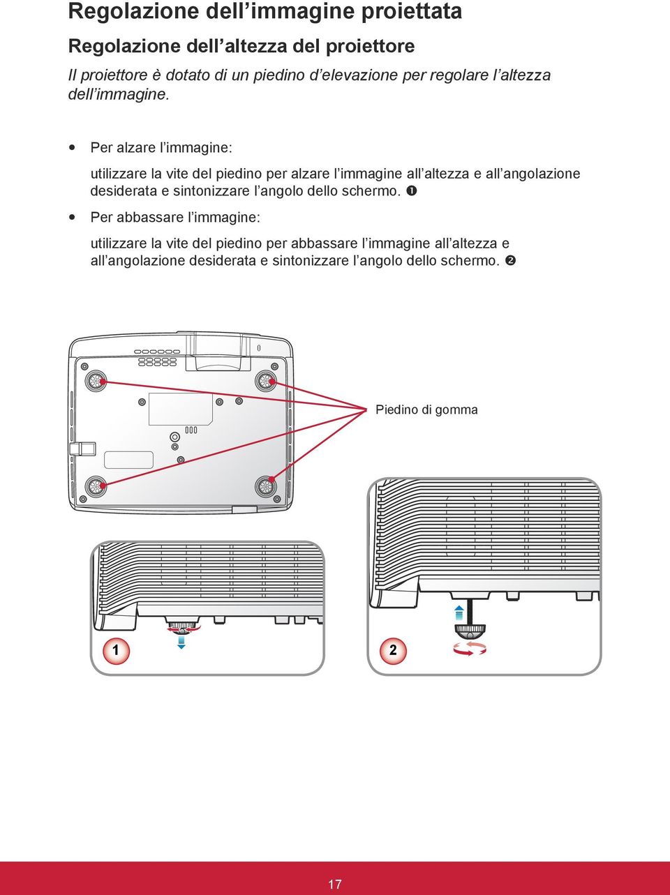 y Per alzare l immagine: utilizzare la vite del piedino per alzare l immagine all altezza e all angolazione desiderata e