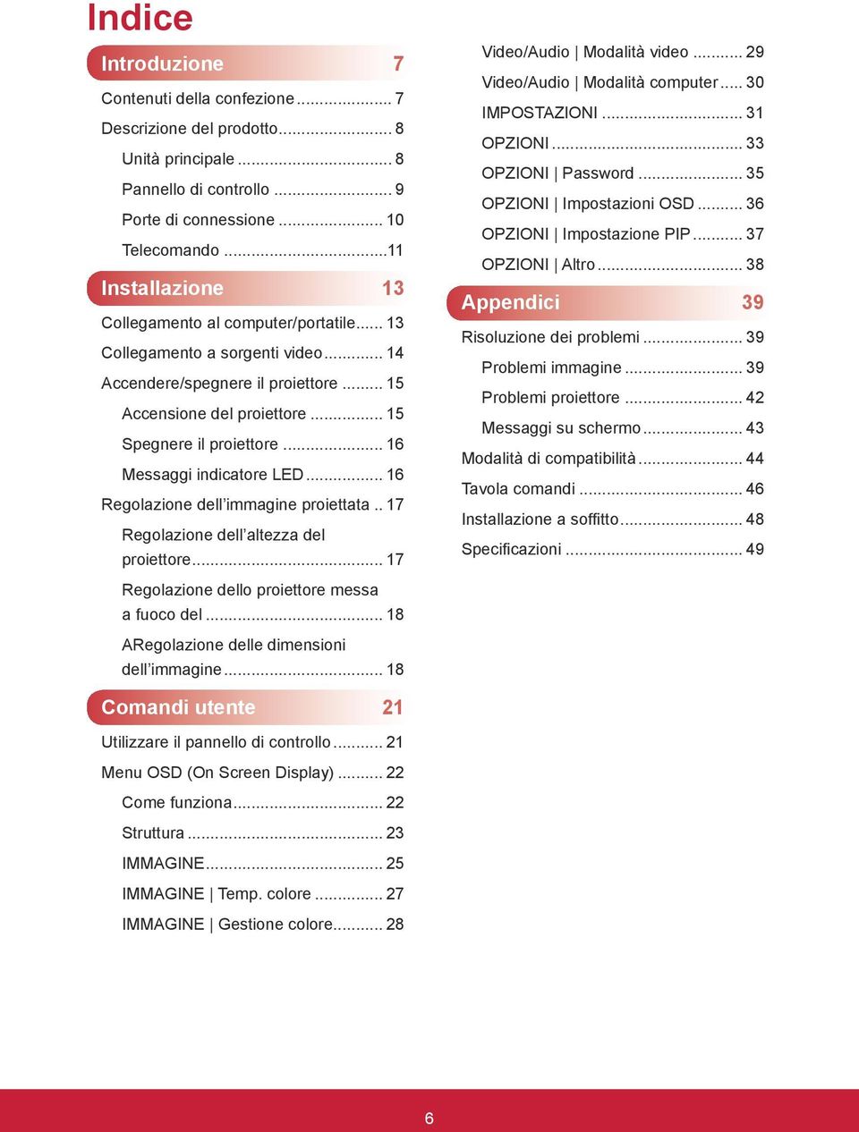 .. 16 Messaggi indicatore LED... 16 Regolazione dell immagine proiettata... 17 Regolazione dell altezza del proiettore... 17 Video/Audio Modalità video... 29 Video/Audio Modalità computer.