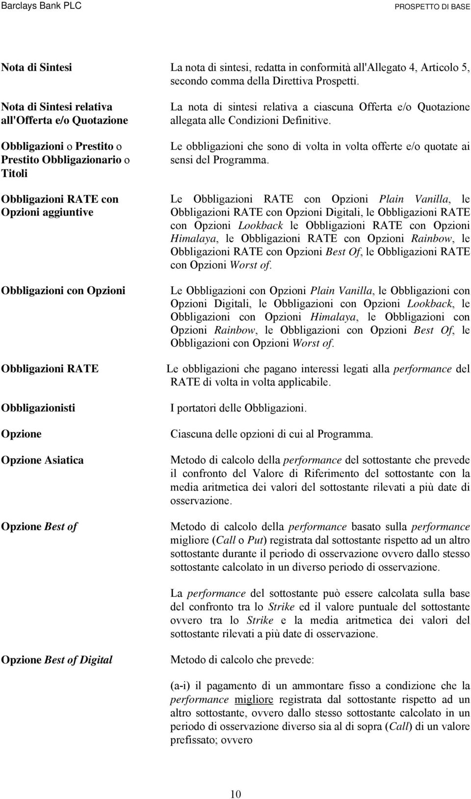 Obbligazionisti Opzione Opzione Asiatica Opzione Best of La nota di sintesi relativa a ciascuna Offerta e/o Quotazione allegata alle Condizioni Definitive.