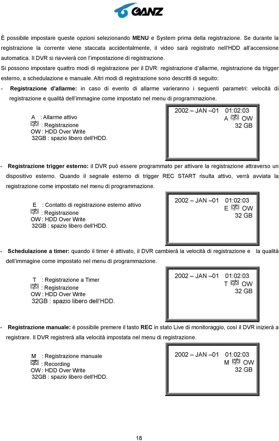 Si possono impostare quattro modi di registrazione per il DVR: registrazione d allarme, registrazione da trigger esterno, a schedulazione e manuale.