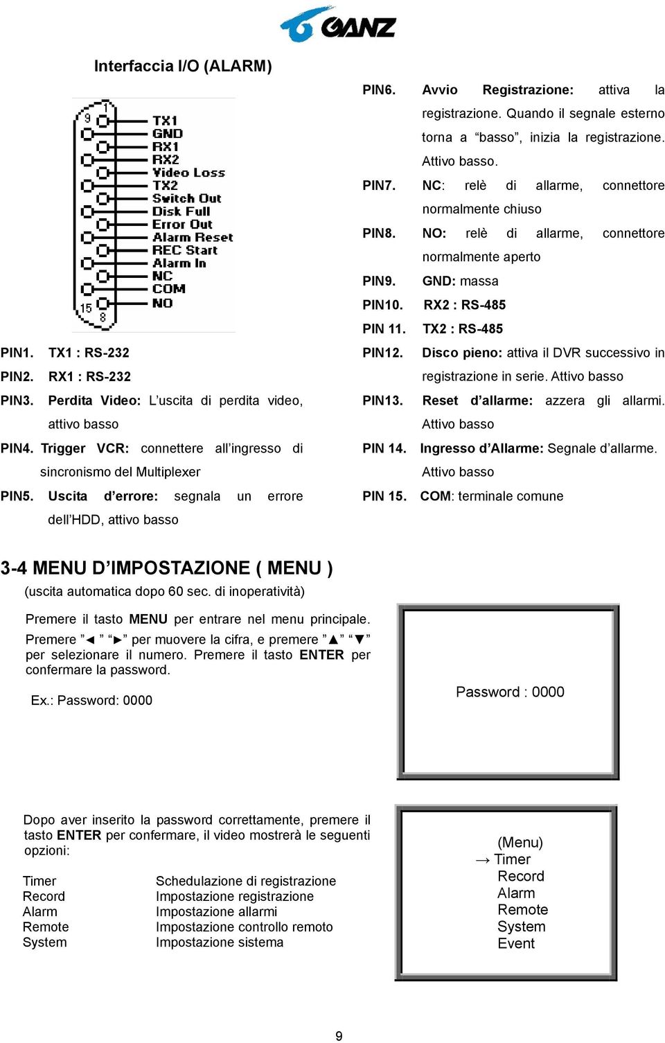 Quando il segnale esterno torna a basso, inizia la registrazione. Attivo basso. PIN7. NC: relè di allarme, connettore normalmente chiuso PIN8. NO: relè di allarme, connettore normalmente aperto PIN9.