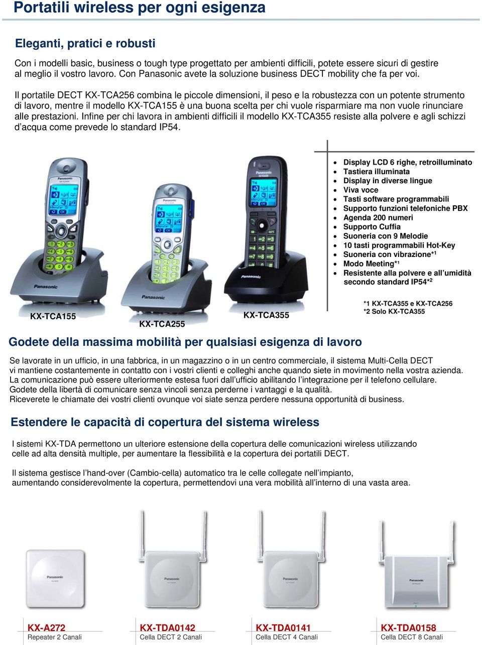 Il portatile DECT KX-TCA256 combina le piccole dimensioni, il peso e la robustezza con un potente strumento di lavoro, mentre il modello KX-TCA155 è una buona scelta per chi vuole risparmiare ma non