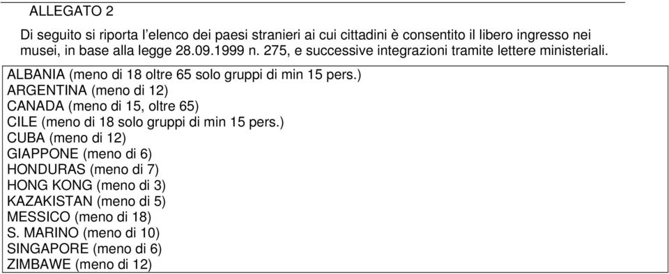 ) ARGENTINA (meno di 12) CANADA (meno di 15, oltre 65) CILE (meno di 18 solo gruppi di min 15 pers.