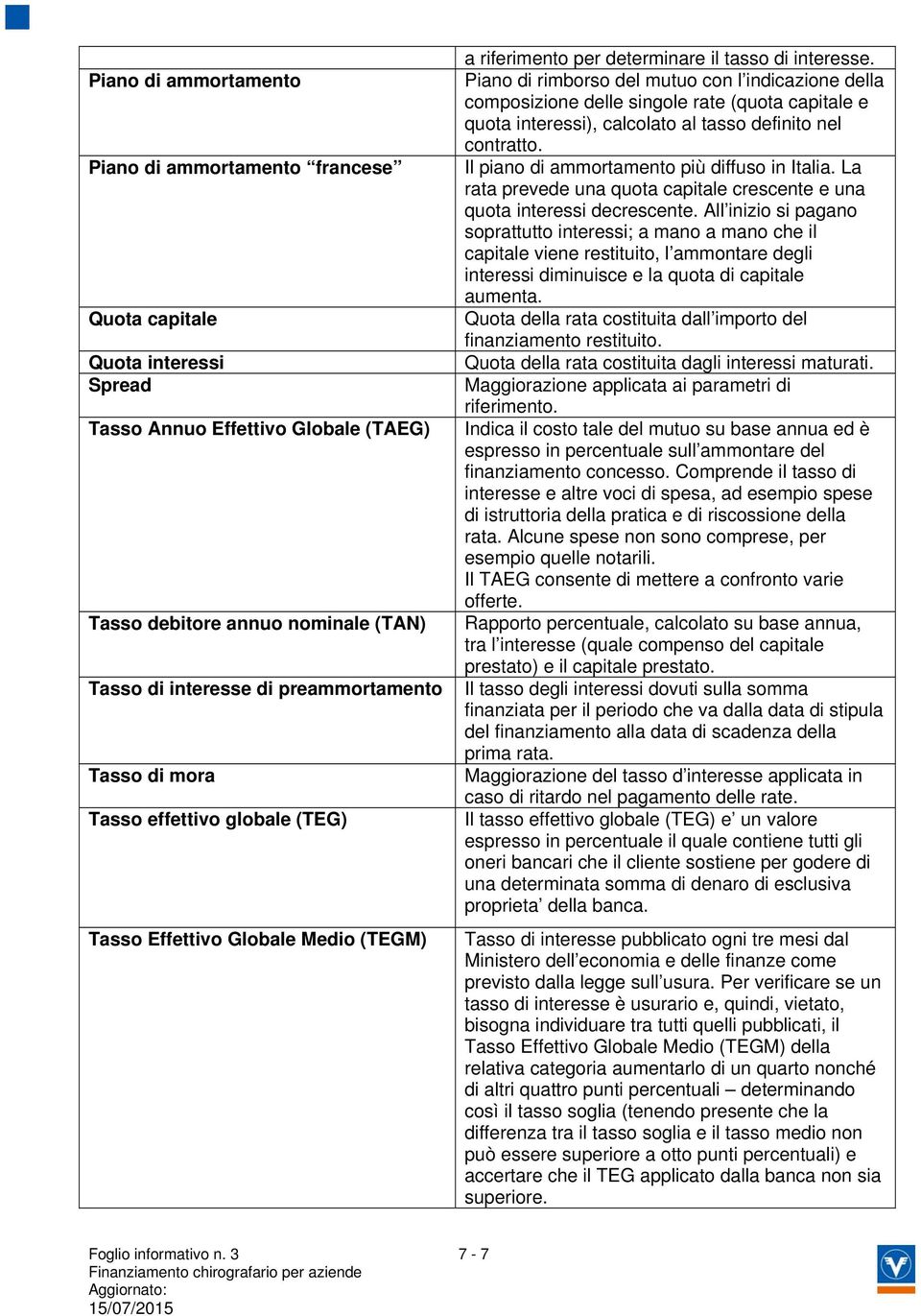 Piano di rimborso del mutuo con l indicazione della composizione delle singole rate (quota capitale e quota interessi), calcolato al tasso definito nel contratto.