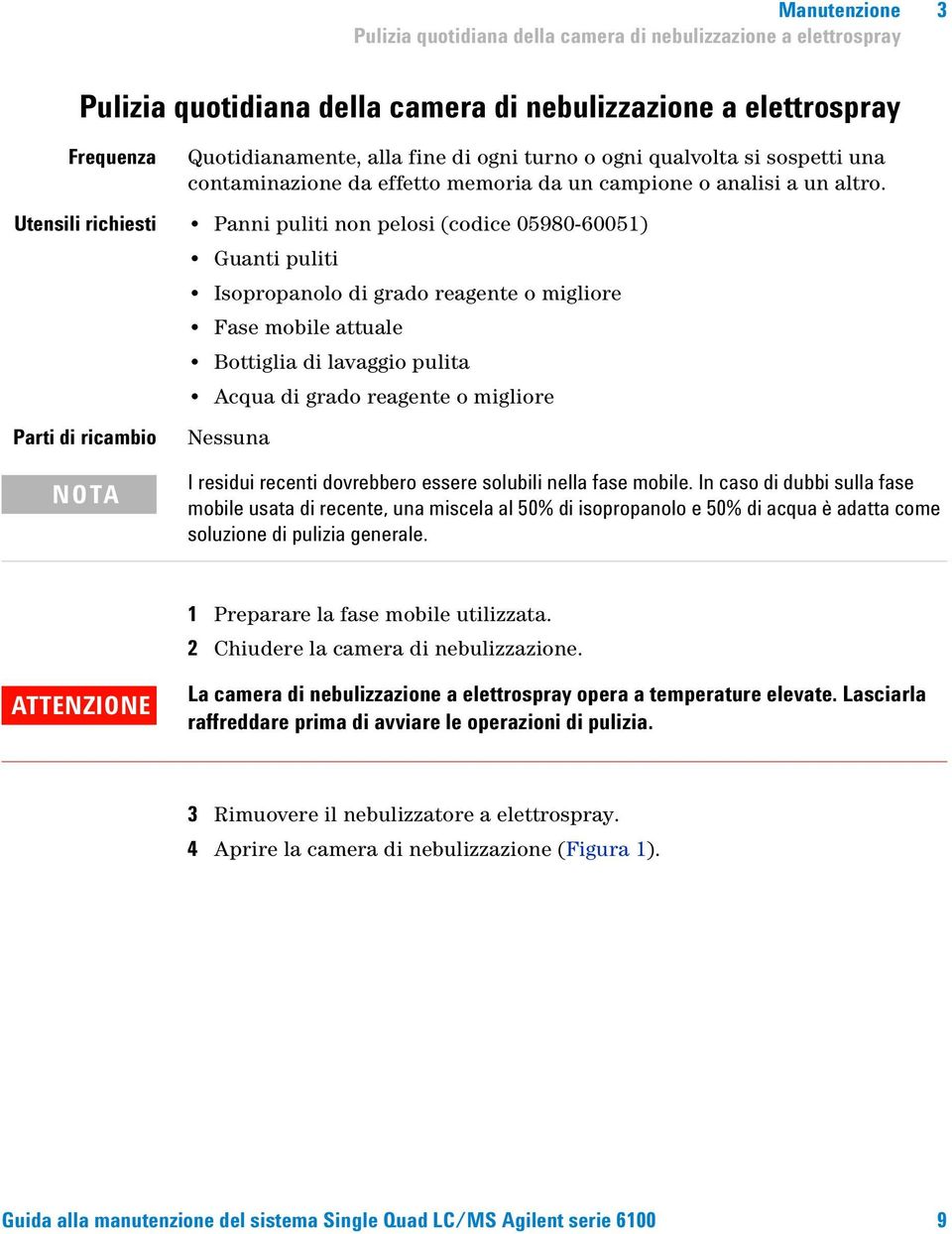 Utensili richiesti Panni puliti non pelosi (codice 05980-60051) Guanti puliti Isopropanolo di grado reagente o migliore Fase mobile attuale Bottiglia di lavaggio pulita Acqua di grado reagente o