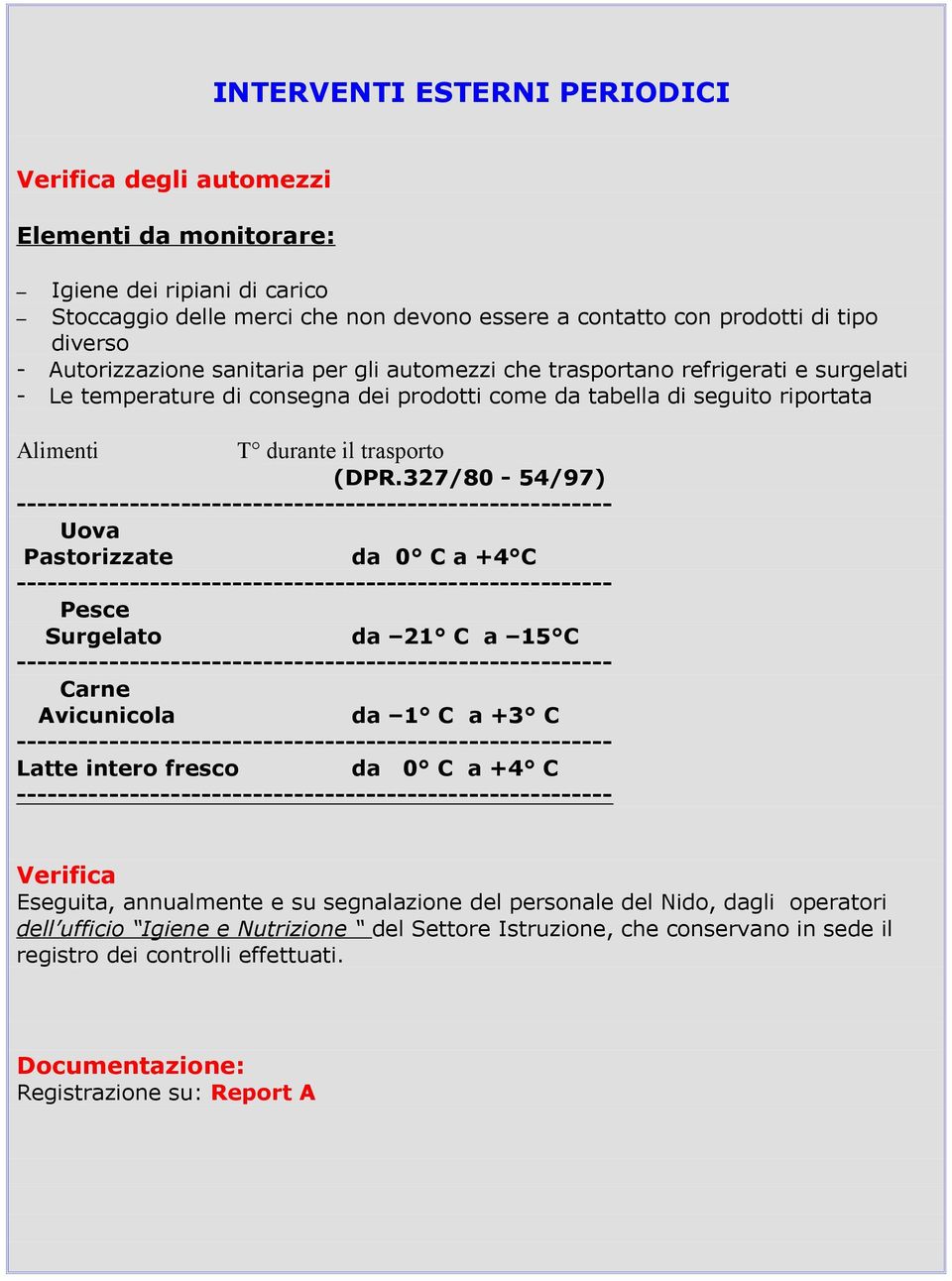 327/80-54/97) ---------------------------------------------------------Uova Pastorizzate da 0 C a +4 C ---------------------------------------------------------Pesce Surgelato da 21 C a 15 C