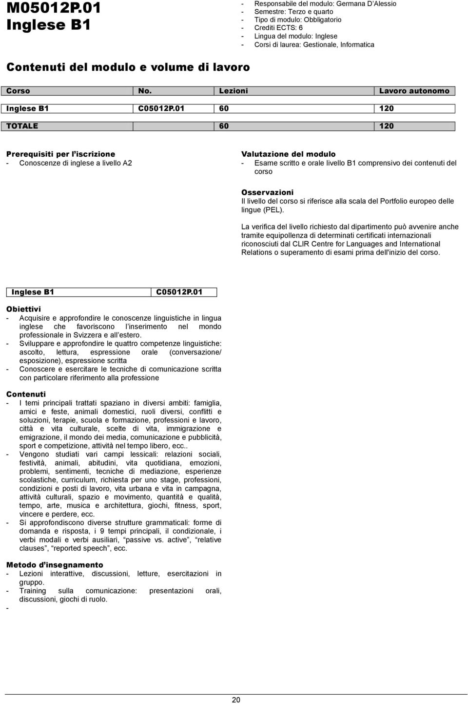 Informatica del modulo e volume di lavoro Corso No. Lezioni Lavoro autonomo Inglese B1 C05012P.