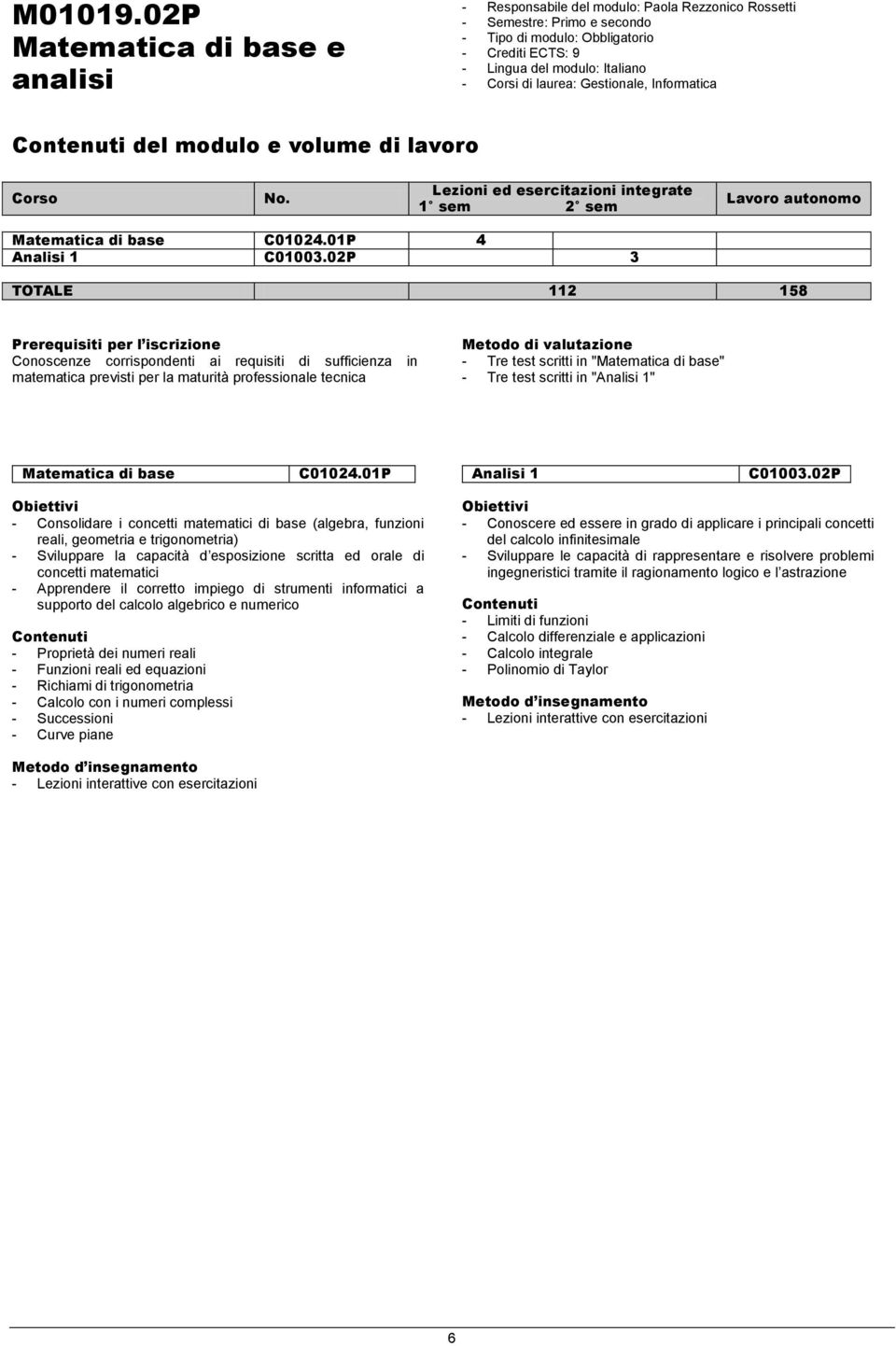 Informatica del modulo e volume di lavoro Corso No. Lezioni ed esercitazioni integrate 1 sem 2 sem Lavoro autonomo Matematica di base C01024.01P 4 Analisi 1 C01003.