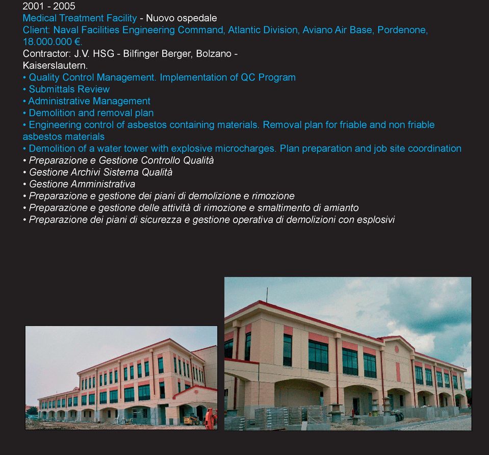 Implementation of QC Program Submittals Review Administrative Management Demolition and removal plan Engineering control of asbestos containing materials.