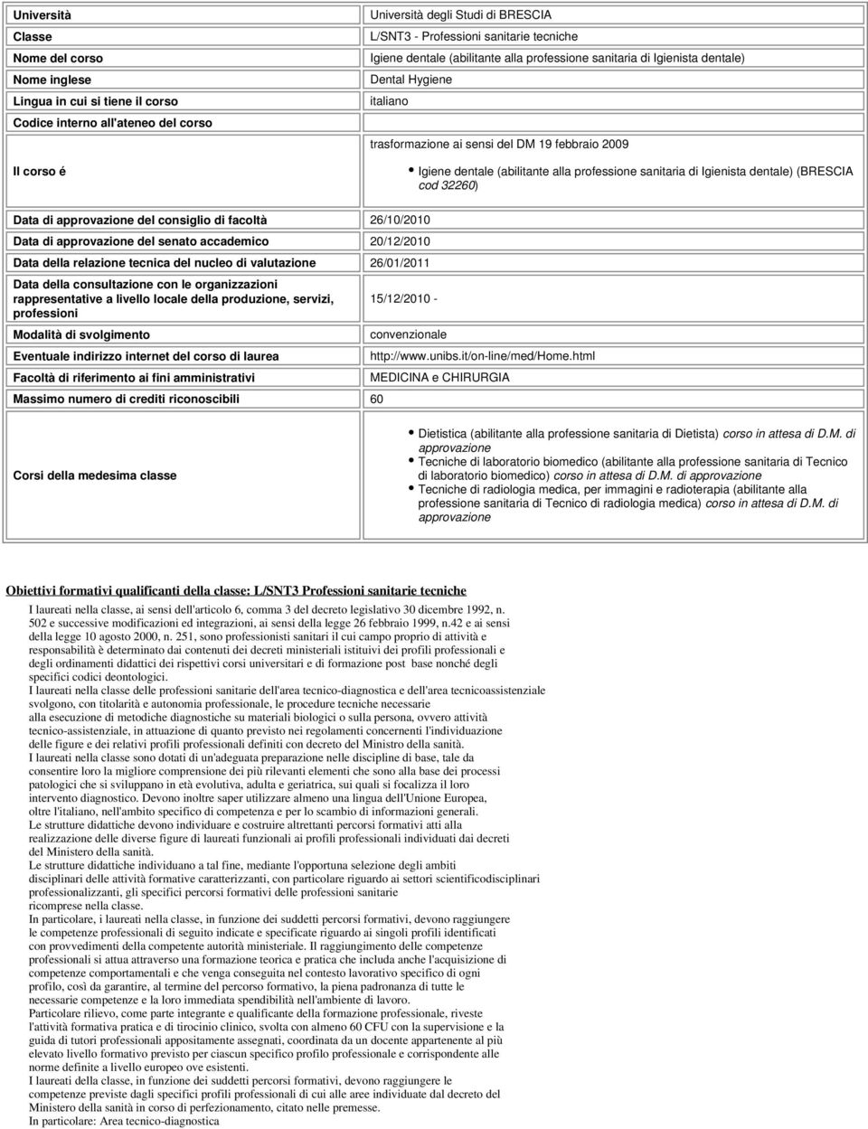 sanitaria di Igienista dentale) (BRESCIA cod 32260) Data di approvazione del consiglio di facoltà 26/10/2010 Data di approvazione del senato accademico 20/12/2010 Data della relazione tecnica del