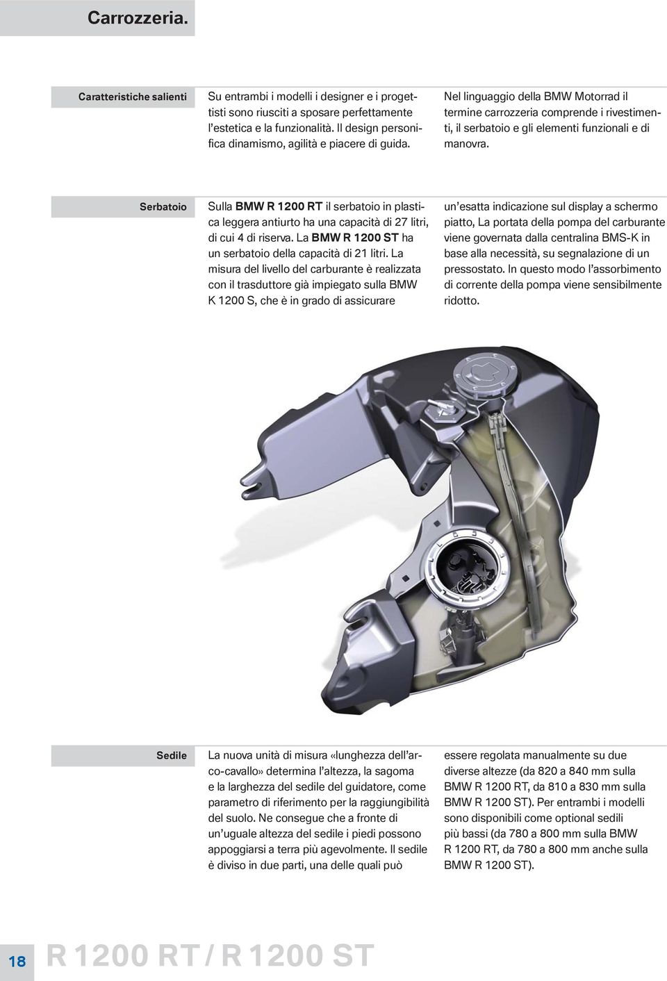 Serbatoio SullaBMWR1200RT ilserbatoioinplasticaleggeraantiurtohaunacapacitàdi27litri, dicui4diriserva.labmwr1200st ha unserbatoiodellacapacitàdi21litri.
