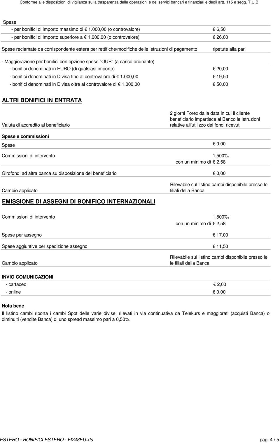 (a carico ordinante) - bonifici denominati in EURO (di qualsiasi importo) 20,00 - bonifici denominati in Divisa fino al controvalore di 1.