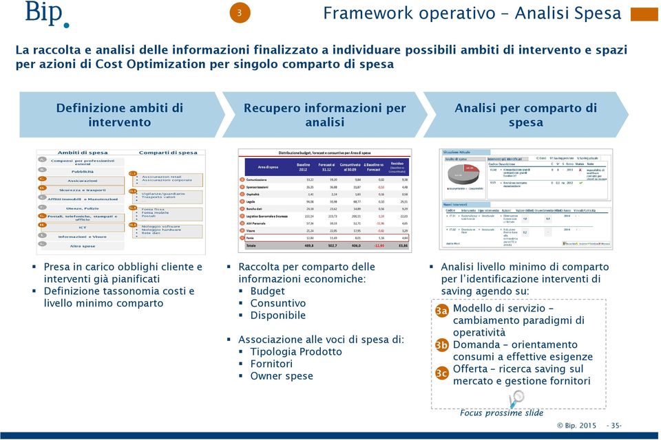 livello minimo comparto Raccolta per comparto delle informazioni economiche: Budget Consuntivo Disponibile Associazione alle voci di spesa di: Tipologia Prodotto Fornitori Owner spese Analisi livello